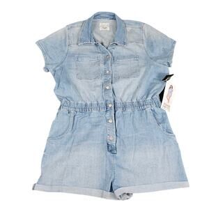 Celeberty Pink denim romper womens szXXXL light blue snap front NEW soft stretch